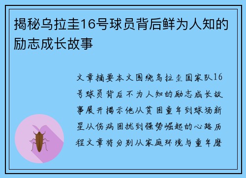 揭秘乌拉圭16号球员背后鲜为人知的励志成长故事